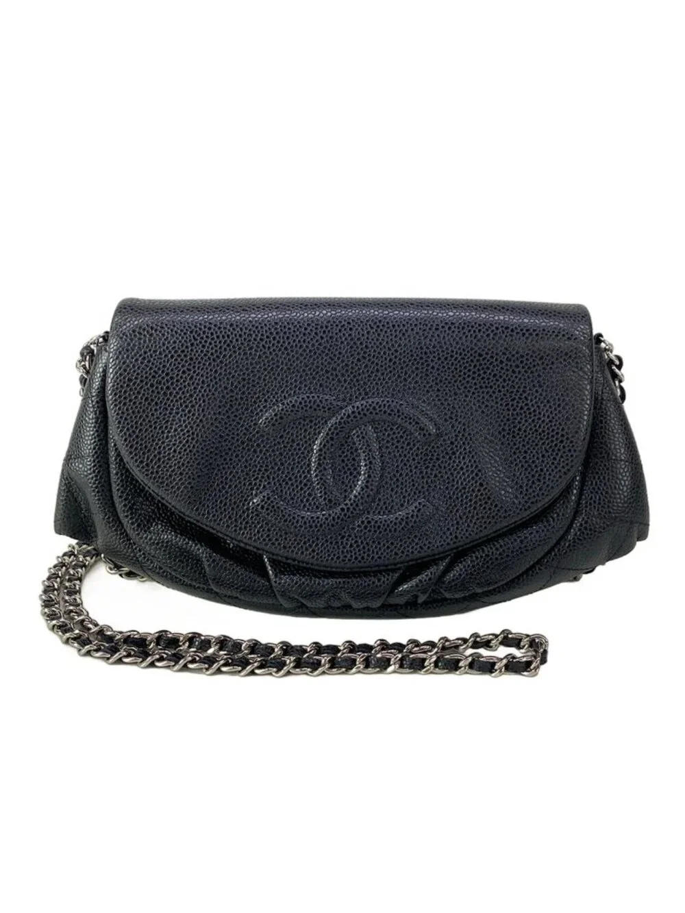 Chanel Wallet Half Moon Black Chain Shoulder Silver CC Logo